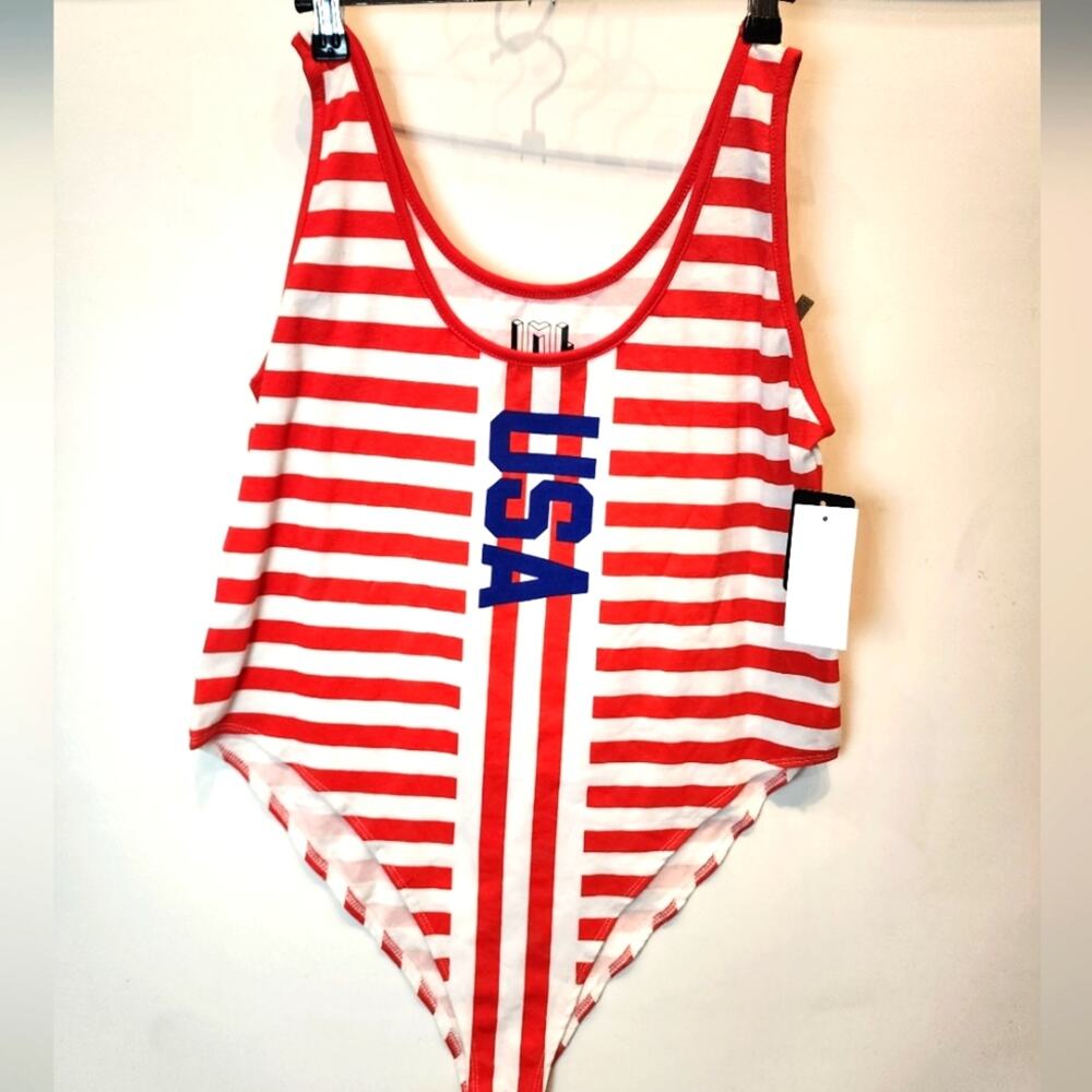 New Red & White One Piece Swimsuit Tank USA‎ Striped Bathing Suit Size XXL